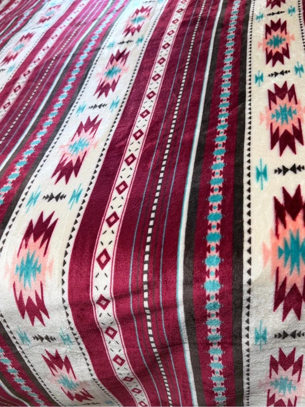 BURGUNDY Queen Southwest tribal Aztec Geometric Plush fleece Blanket